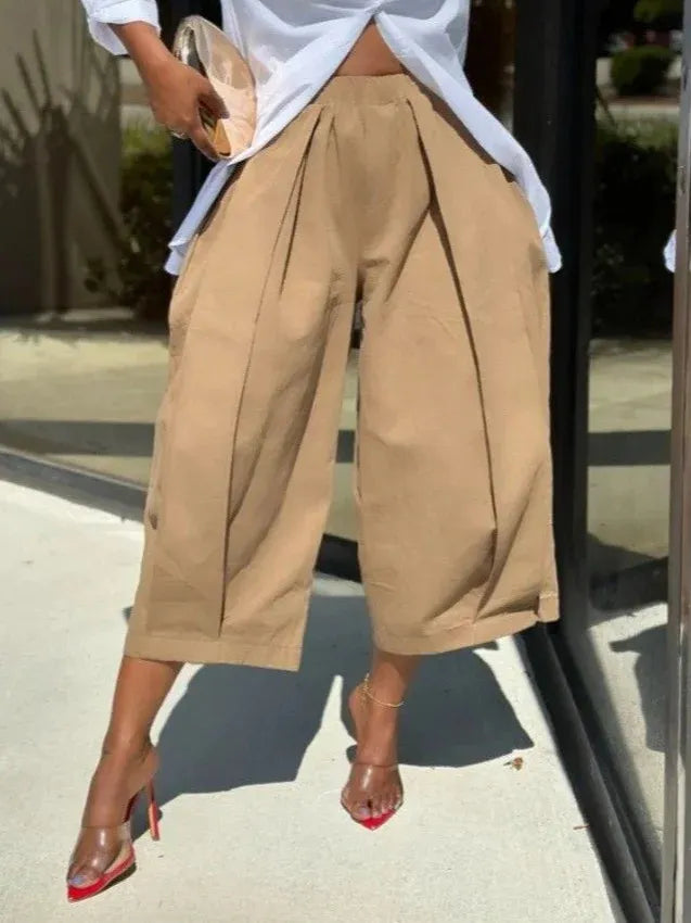 High Waist Front Pleated Cropped Wide Leg Pants