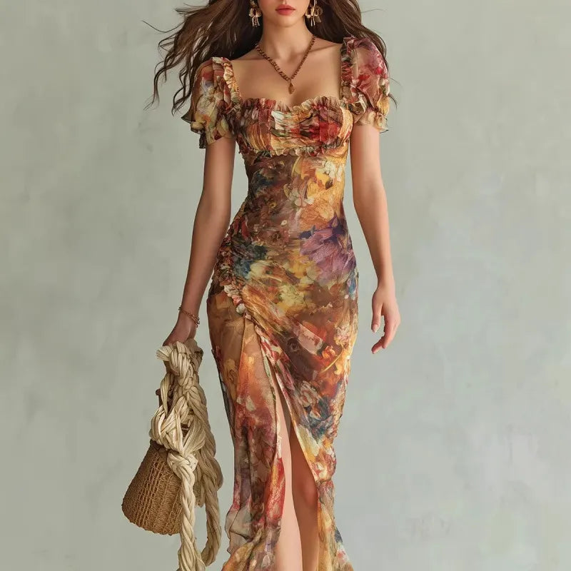 Floral Square Neck Puff Sleeve High-Slit Maxi Dress