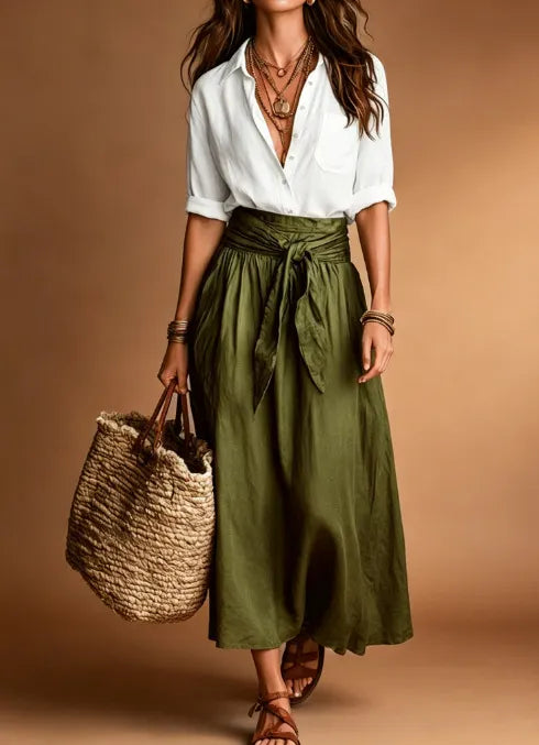 Color Matching Long Sleeve Shirt & Tie Waist Midi Skirt Two Piece Set