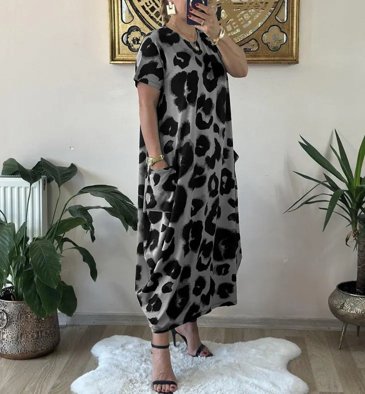 Leopard Print Maxi Dress Oversized Loose Fit Pocket Dress