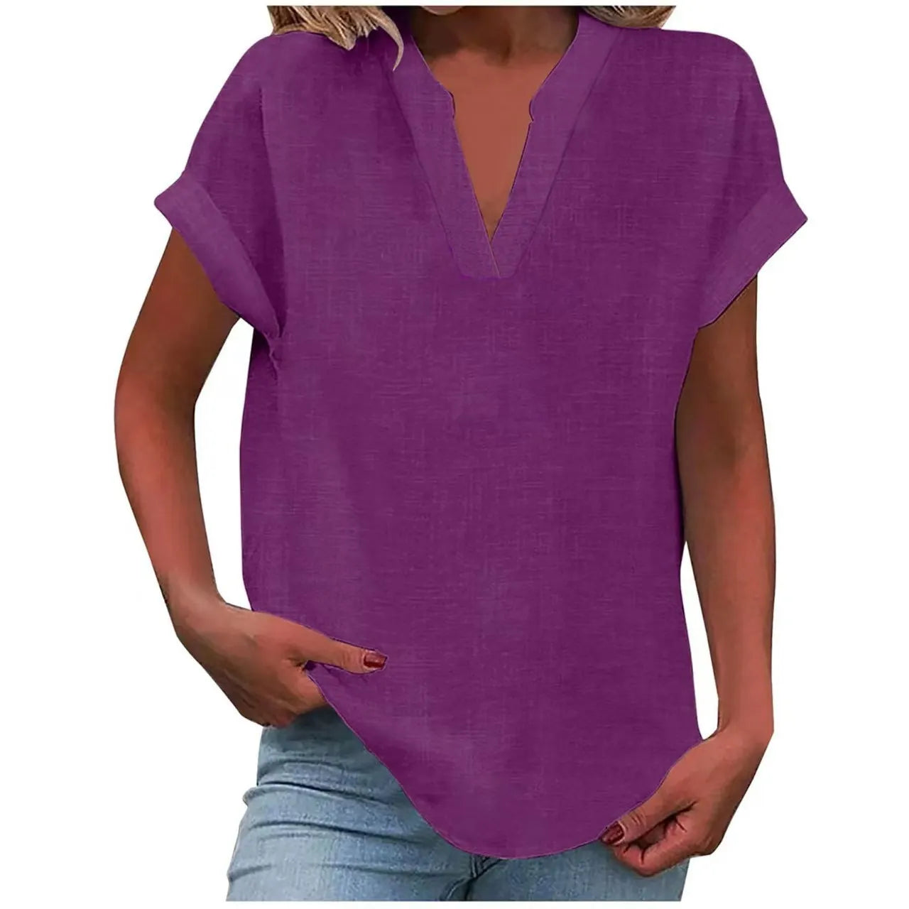 Notched V Neck Cuffed Short Sleeve Loose Cotton Linen Blouse