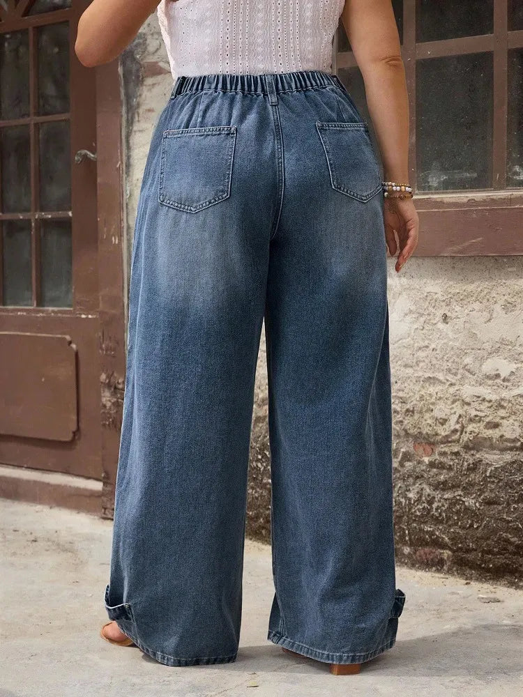 Plus Size Patch Pocket Wide Leg Jeans