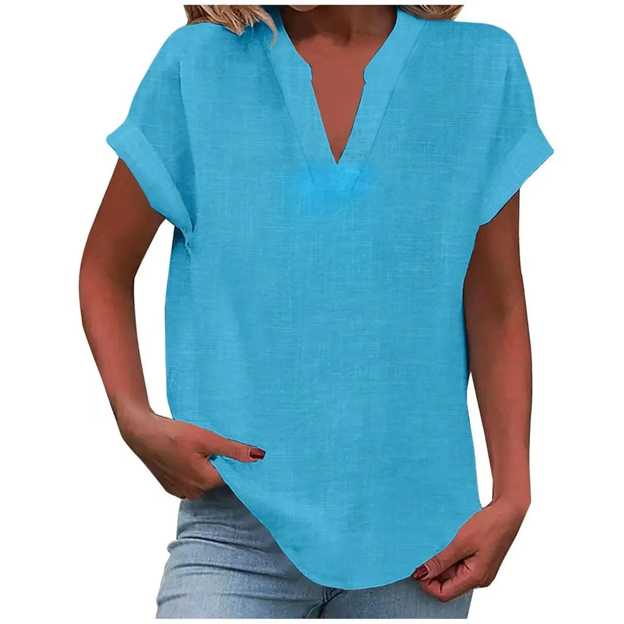 Notched V Neck Cuffed Short Sleeve Loose Cotton Linen Blouse