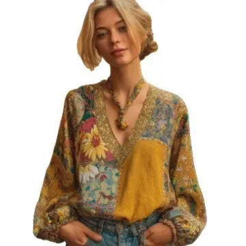 3D Digital Print V-Neck Lantern Long Sleeve Retro Casual Blouse