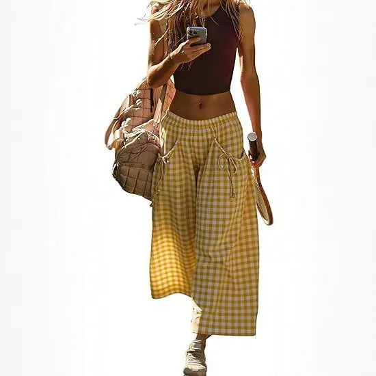 Plaid Drawstring Wide Leg Cropped Pants