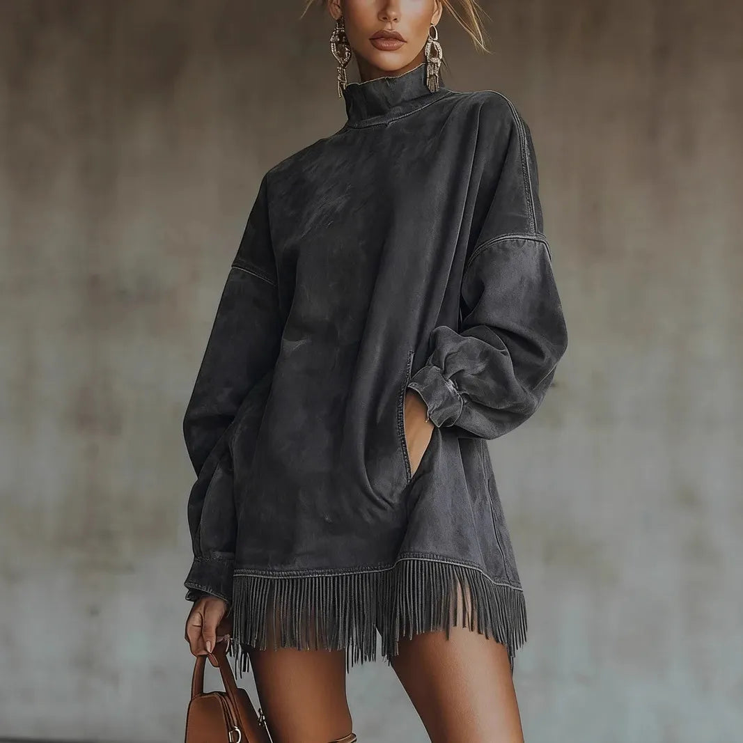 Retro Suede Fringe Hem Turtleneck Tunic Dress