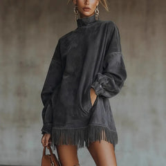 Retro Suede Fringe Hem Turtleneck Tunic Dress
