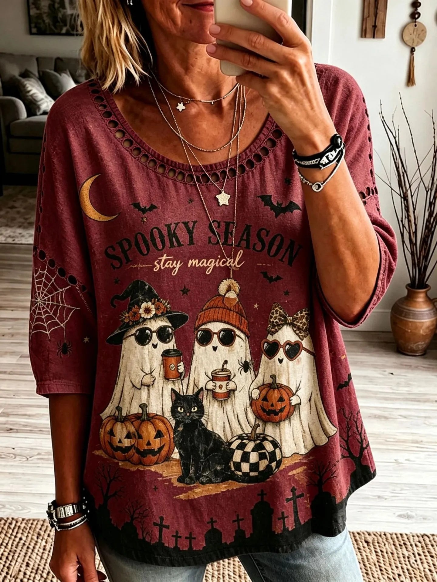 Halloween Spooky Season Ghost Pumpkin Print Crew Neck Short Sleeve T‑Shirt