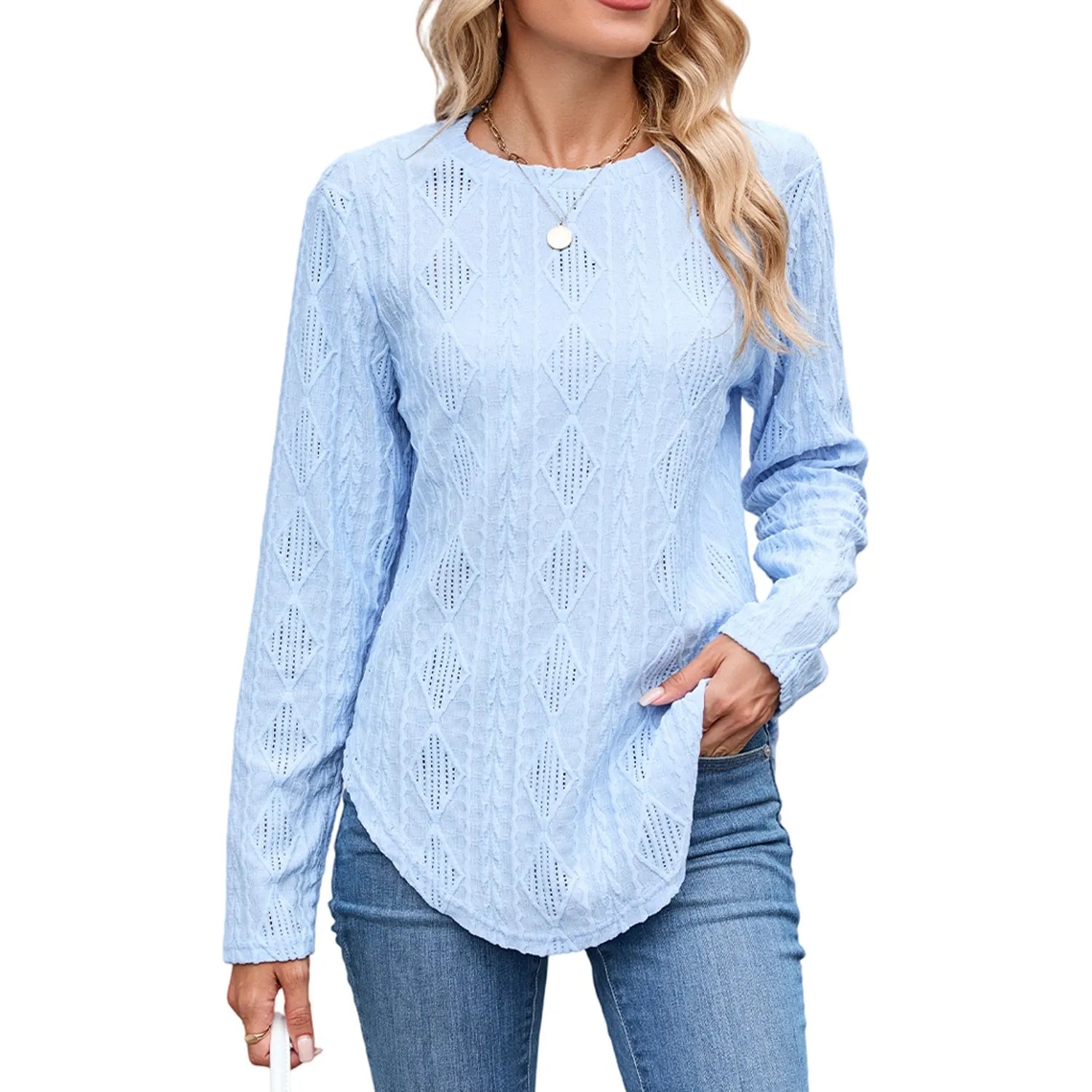 Back Button Hollow Out Curved Hem Blouse