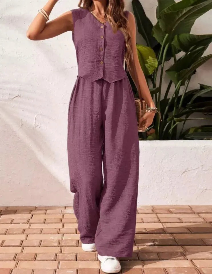 Green V-Neck Button Vest & Wide-Leg Pants Two-Piece Set