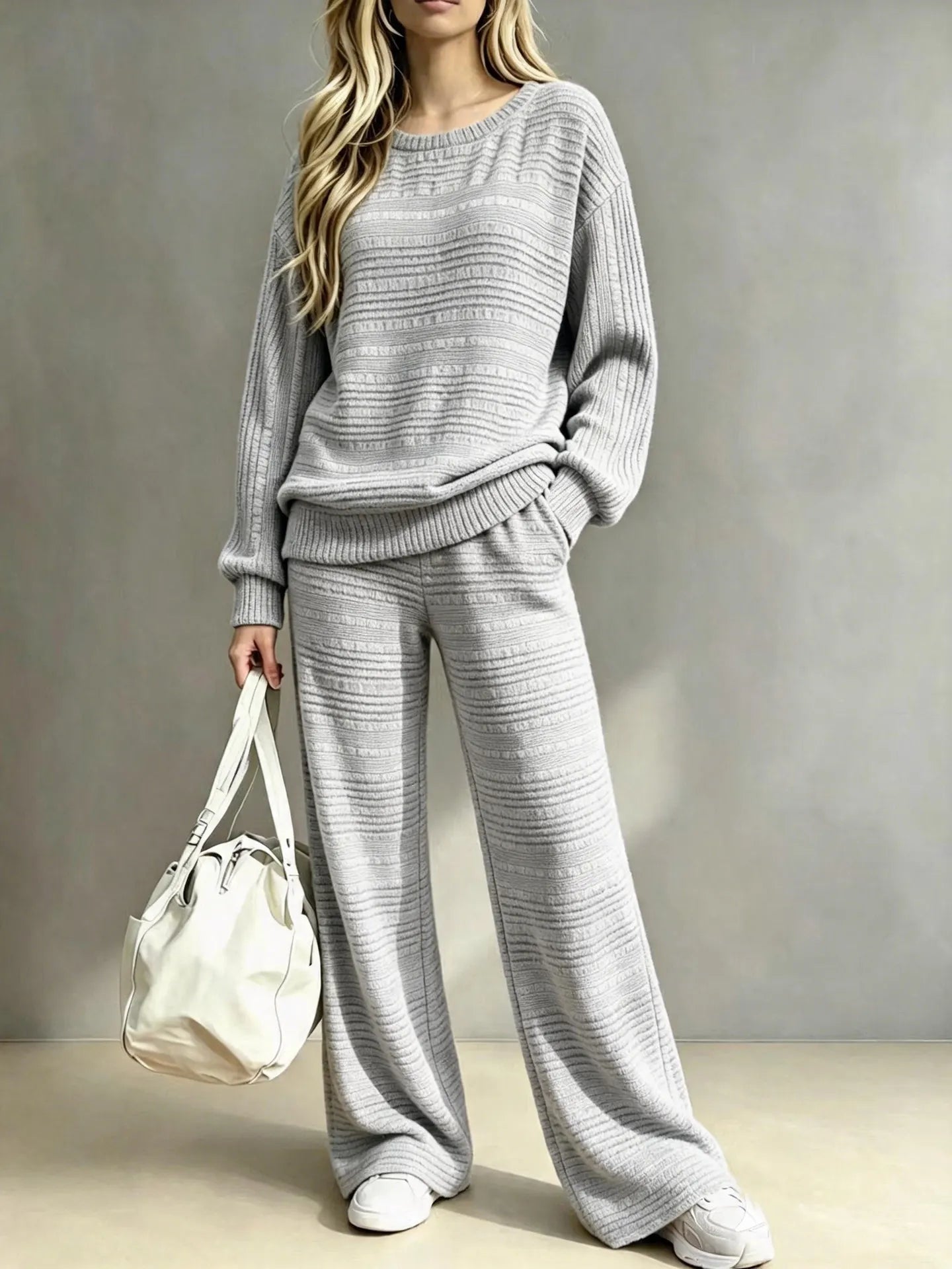 Cozy Striped Knit Matching Set, Long Sleeve Top + Wide Leg Trousers Casual Outfit