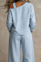 Buckle Detail Cold Shoulder Top Wide Leg Linen Pants Set