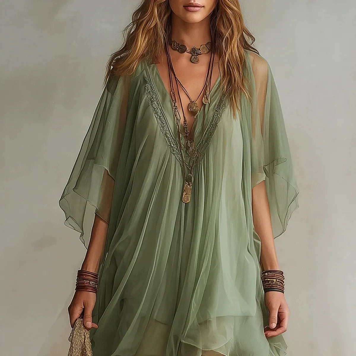 Deep V Neck Sheer Five-Quarter Sleeve Loose Irregular Hem Chiffon Mini Dress