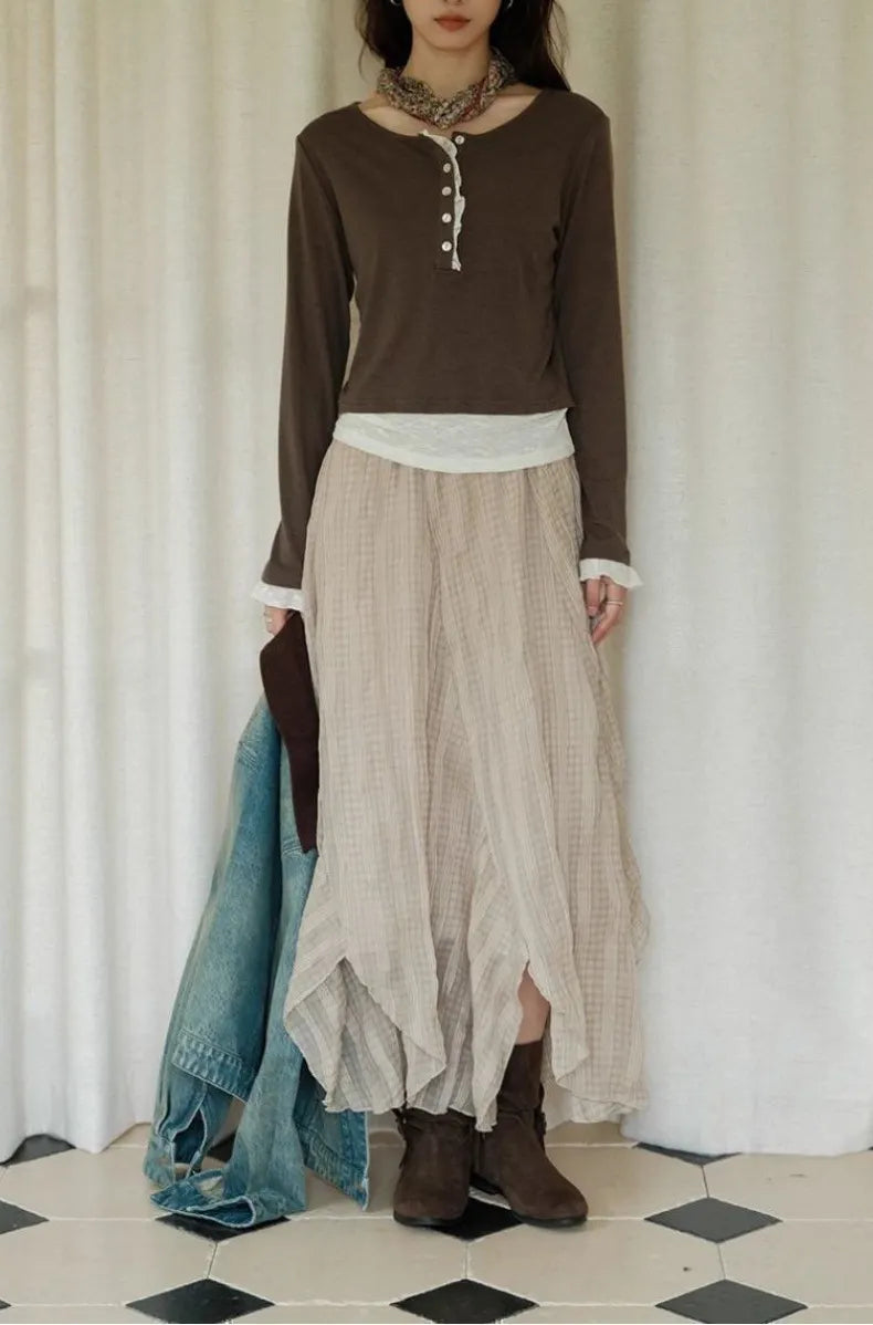 Beige Irregular Ruffled Midi Skirt