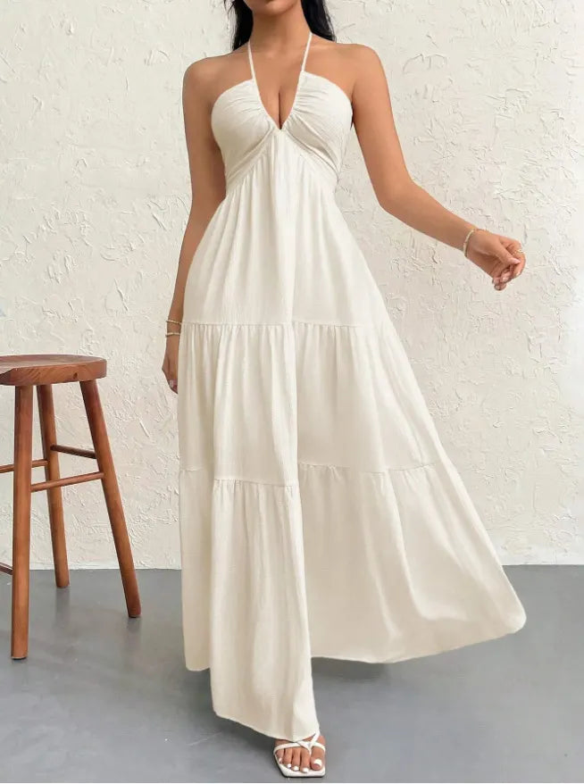 White Halter V-Neck Tiered Maxi Dress