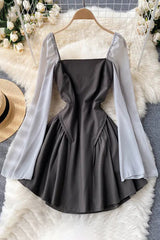 High Waist A-line Mini Dress Long Flare Sleeve Party Dress