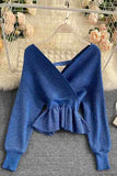 Elegant V-neck Ruffled Knitted Pullover Sweater Tops Shirt