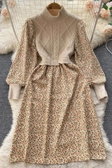 Dress Elegant Fake Two Piece Set Floral Print Knitted Patchwork Long Dress Vintage Dress