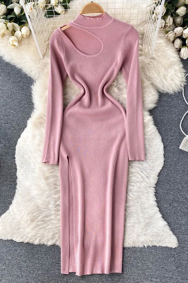 Dress Long Sleeve Slim Knitted Sweater Dress Hollow Out High Split Long Dress