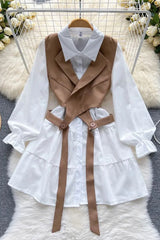 Short Blouse Dress + Asymmetrical Vests Female Suits Two Piece