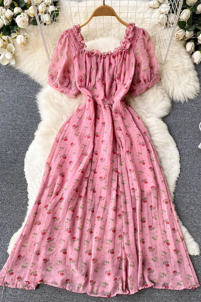 Dress Romantic Floral Print Square Collar Ruffles Pleated Dress Long Sundress