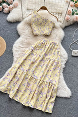 Floral Print Crop Tops + High Waist A-line Long Skirts Beach Ladies Two Piece Set