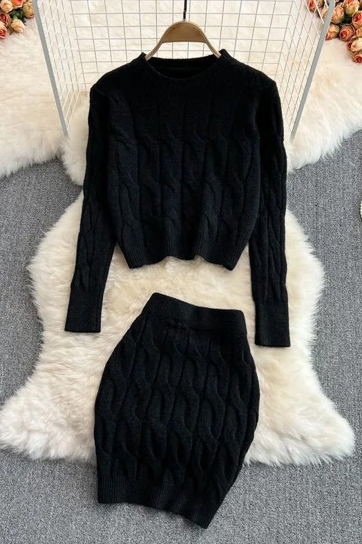 Long Sleeve Knitted Tops + Slim Mini Skirts Two Piece Suits