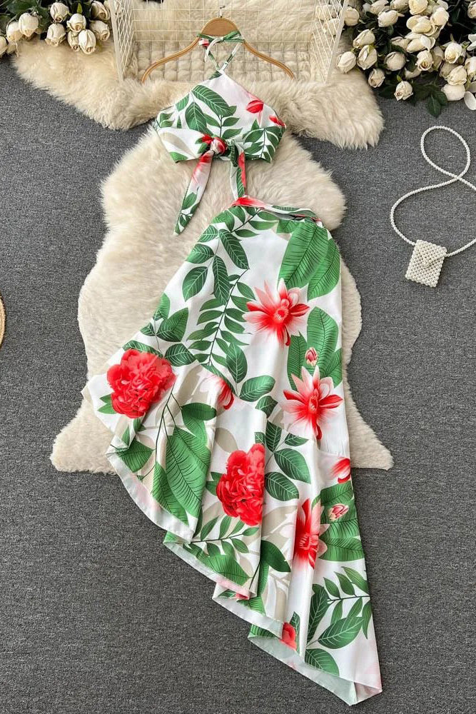 Beach Floral Print Crop Tops + High Waist Asymmetrical Long Skirts Two Piece Suits