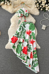 Beach Floral Print Crop Tops + High Waist Asymmetrical Long Skirts Two Piece Suits