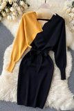 Elegant Sashes V Neck Knit Dress Backless Long Sleeve Sweater Dress