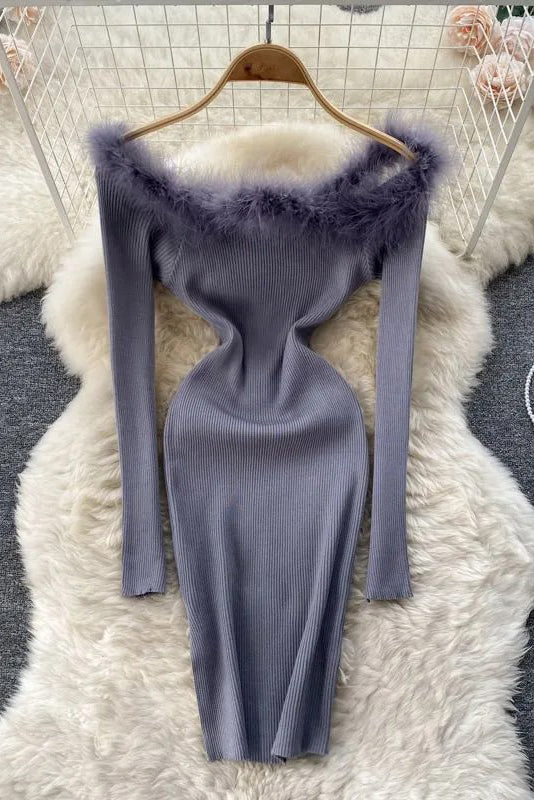 Dress Fur Patchwork Off Shoulders Knitted Sweater Dress Slim Elastic Mini Party Dress