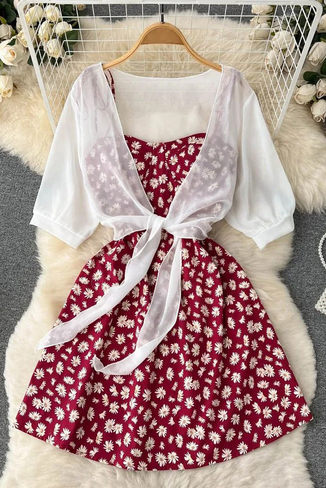 Daisy Flower Print Two Piece Set Dress Strap Vacation Short Dress and Shawl