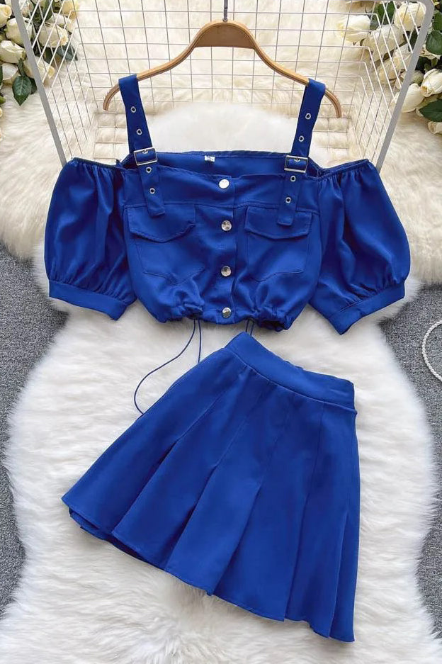 Off Shoulder Straps Short Tops + Pleated Mini Skirts Two Piece Suits