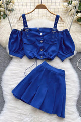 Off Shoulder Straps Short Tops + Pleated Mini Skirts Two Piece Suits