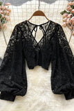 Backless Lace Shirt Hollow Out Transparent Short Blouse Elegant Crop Tops