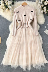 Elegant Lace Patchwork Knitted Sweater Dress Retro Bow Vest + Long Dress 2PCS