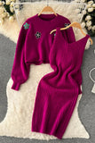 Elegant Dress Two Piece Flower Embroidery Pullover Sweaters + Knitted Mini Dress Suits