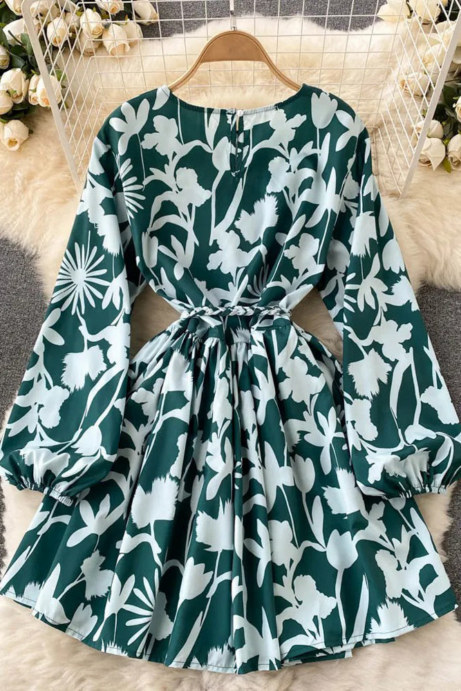 Print Short Dress Casual Long Sleeve Sash Bandage Dress