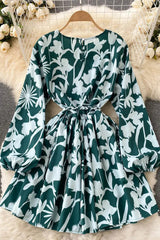 Print Short Dress Casual Long Sleeve Sash Bandage Dress