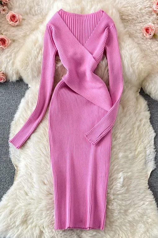 Dress Elegant Cross V-neck Slim Waist Knitted Bodycon Dress