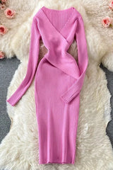 Dress Elegant Cross V-neck Slim Waist Knitted Bodycon Dress