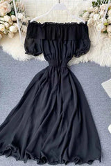 Dress Off Shoulder Chiffon Dress Solid Vestidos Short Puff Sleeve Ruffles Holiday Dress