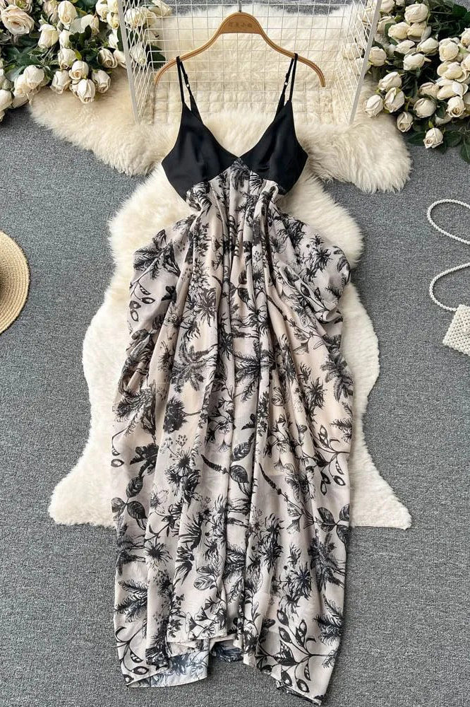 Dress Casual Loose Floral Print Irregular Long Dress Elegant High Waist Party Dress