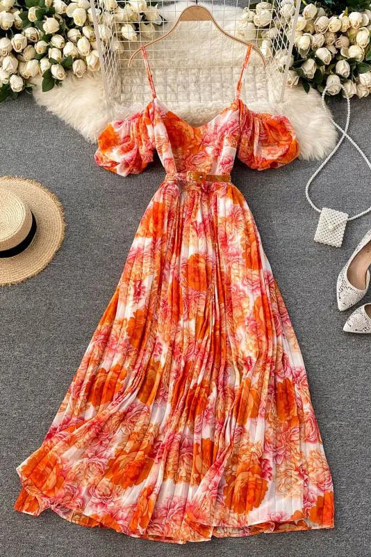 Dress Off Shoulders Puff Sleeve Holiday Beach Long Dress Floral Print Female Dress