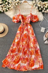 Dress Off Shoulders Puff Sleeve Holiday Beach Long Dress Floral Print Female Dress