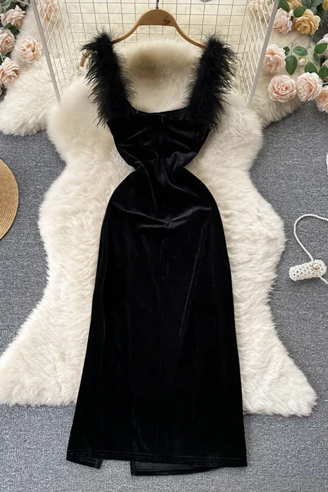 Elegant Dress Fur Patchwork Straps Velvet Bodycon Vestidos Lady Party Vestidos Dress