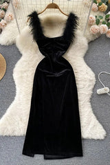 Elegant Dress Fur Patchwork Straps Velvet Bodycon Vestidos Lady Party Vestidos Dress