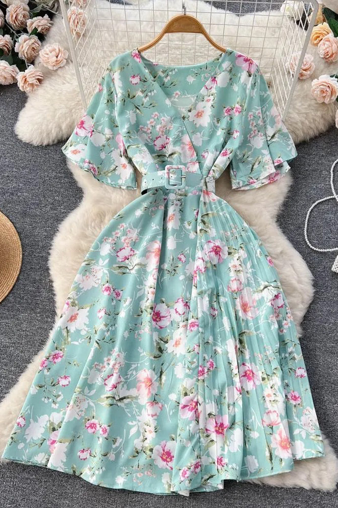 Dress Romantic Floral Print Chiffon Dress With Belt Party Dress