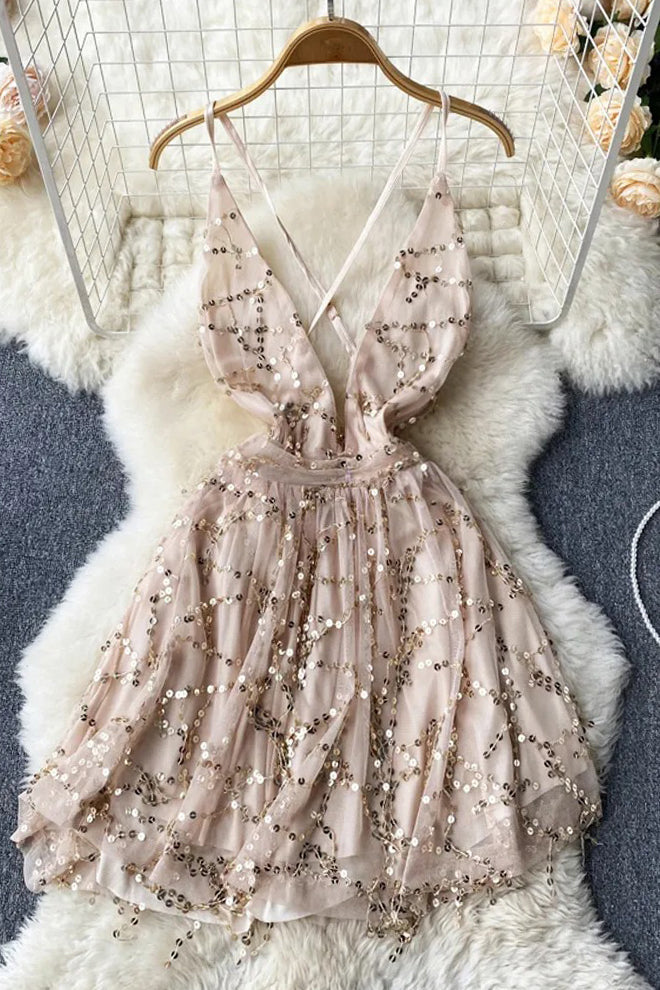Backless Sequin Dress Deep V-neck Criss-cross Bandage Short Lace Party Dress