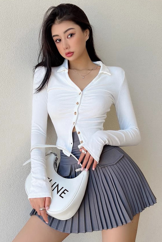 Lapel Single Breasted T-Shirt Tight Fitting Pleated Long Sleeved Top